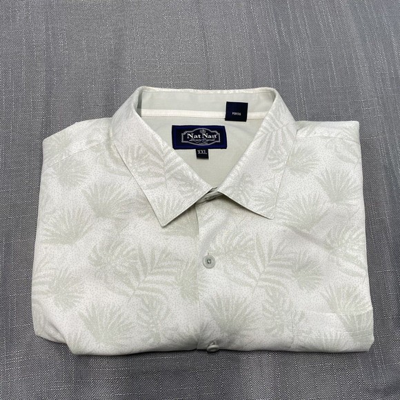 Nat Nast Two-Tone Short Sleeve Open Collar Silk Box Shirt, Men's XL silk Khaki type Vintage Second Hand